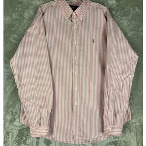 Y2K‎ Ralph Lauren Classic Fit Pink Green Stripe Button Down Shirt Men's XL